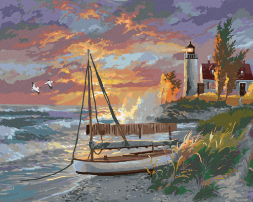 Paint by Numbers - SAILBOAT ON THE BEACH, LIGHTHOUSE AND SUNSET