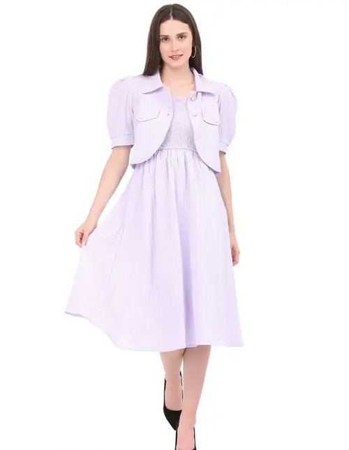Women Purple 2 Piece Dress Casual Puff Sleeves
