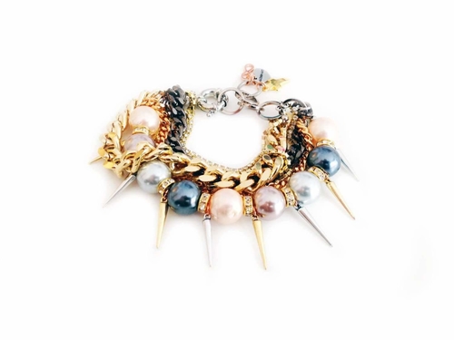 Handmade pearl cuff bracelet and gold chains, rhinestones, gold