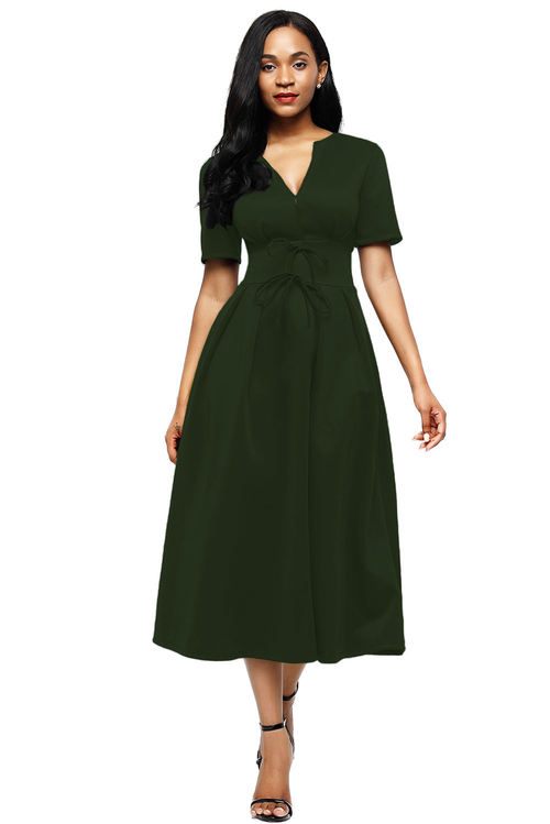 Olive Split Neck Short Sleeve Midi Dress with Bowknots