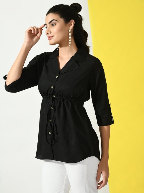 Women Collared Button Down Long Top (Color Black) (Size L)