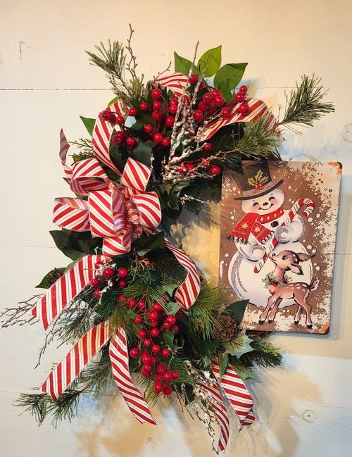 Vintage Snowman and Faux Greenery Holiday Wreath