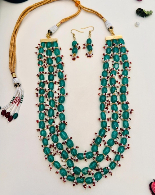 Jaipur Emerald Beads Green Gold Tone Pearl Beaded Necklace