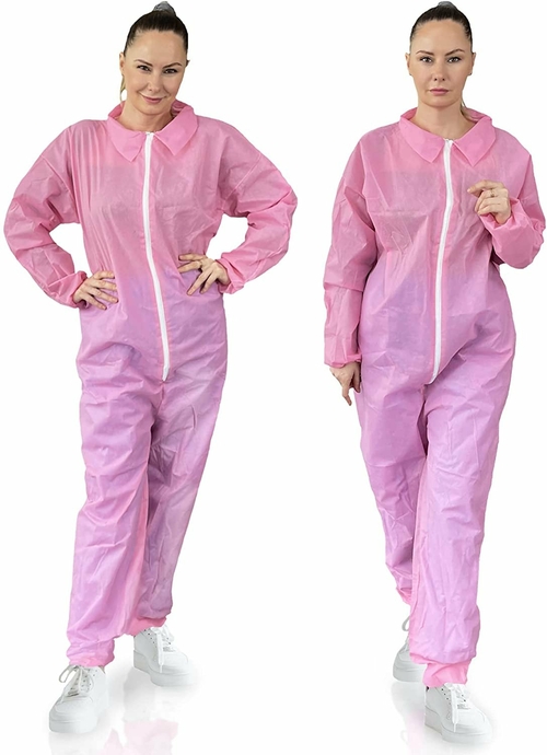 Disposable Coveralls. Pink Overalls with Elastic Cuffs and Ankles,