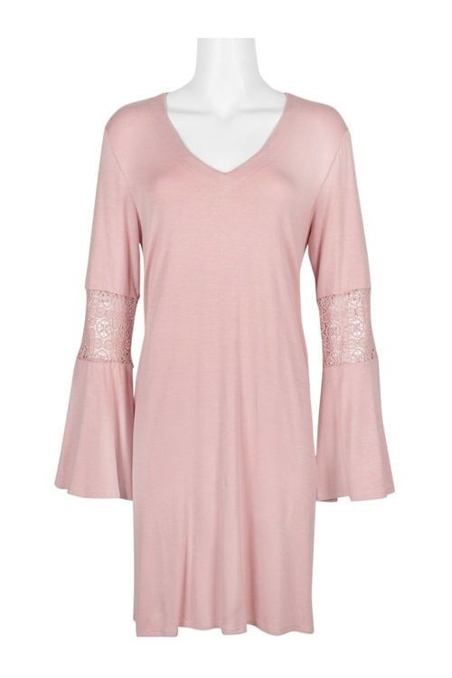 Nina Leonard V-Neck Long Bell Sleeve Banded Solid Rayon Dress