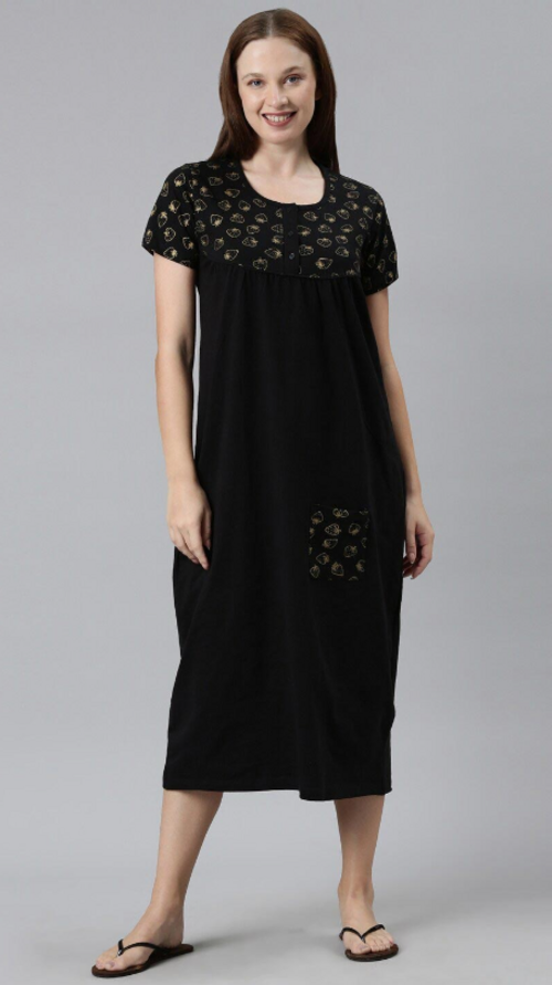 Women Printed Pure Cotton Nightdress Black(Size L)