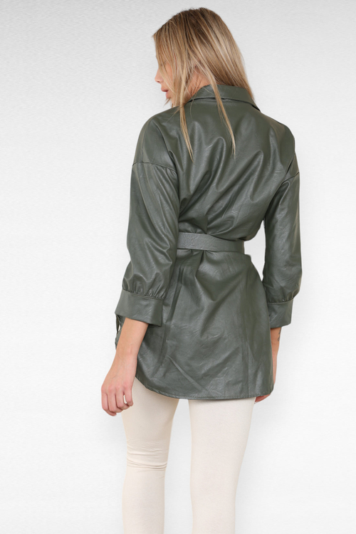 Nova PU Faux Leather Belted Wet Look Shirt Dress