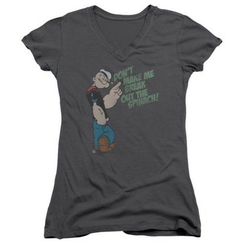 Trevco Popeye-Break Out Spinach Junior V-Neck Tee, Charcoal - Larg