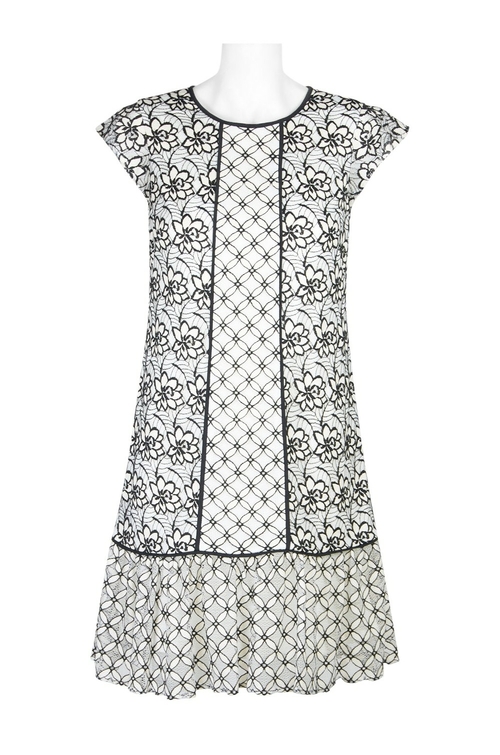 Adrianna Papell Crew Neck Short Sleeve Piping Detail Floral Lace Dress