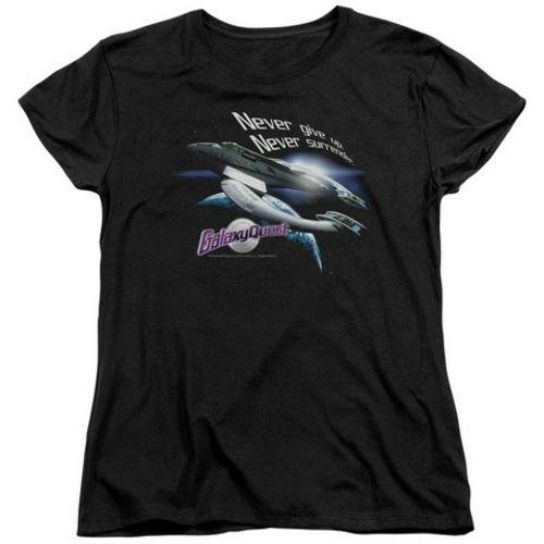 Trevco Galaxy Quest-Never Surrender Short Sleeve Womens Tee, Black