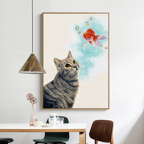 Cat Art Canvas painting Goldfish