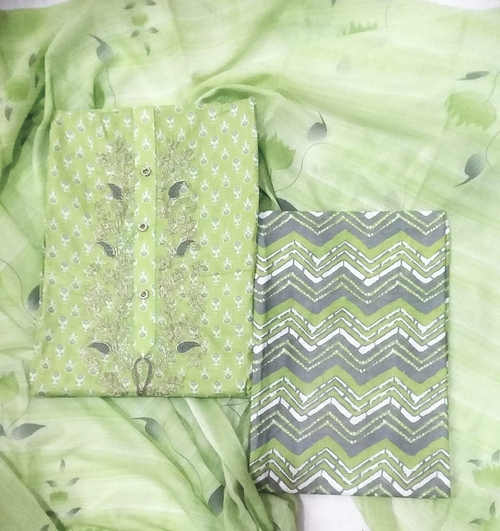 Unstitched Cotton Salwar Suit Material Embroidered Color Light Green