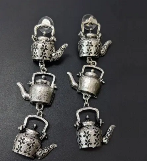 Kettle Shape Oxidised Silver Alloy Earrings for Women & Girls
