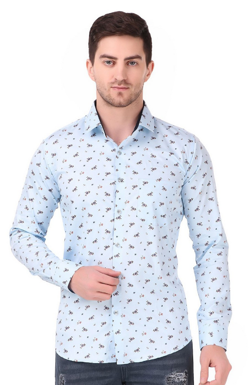 Men Classic Spread Collar Floral Printed Cotton Slim Fit Formal Shirt