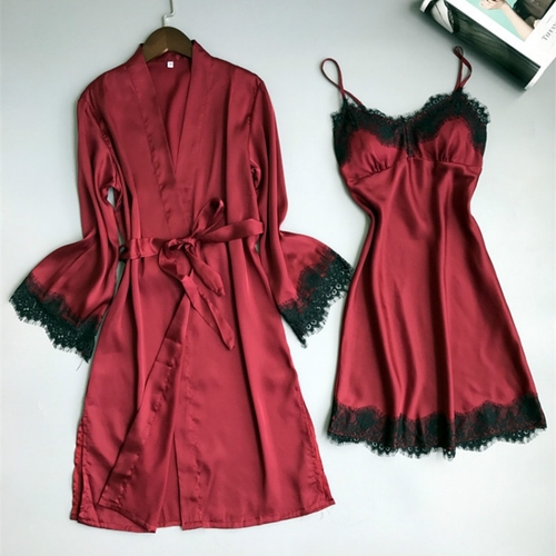 Women Pajamas Robe Gown Set Satin Silk Female 2