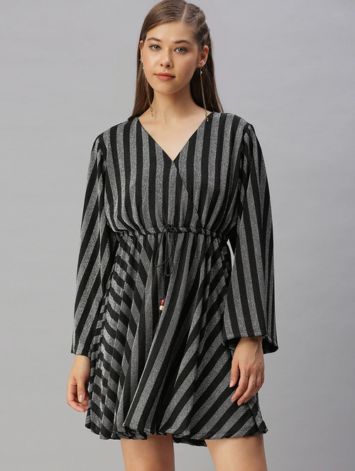 Women'S Striped Dress (Size-S) (Color-BLACK)