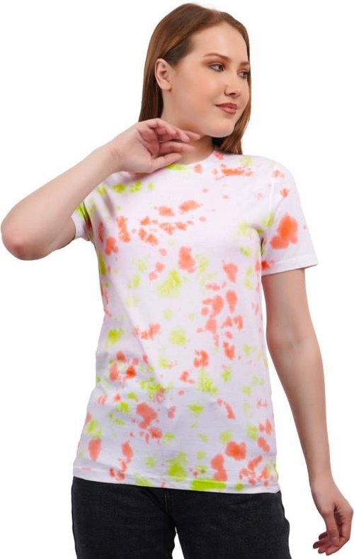 Women Tie & Dye Round Neck Pure Cotton White, Orange, Light Green