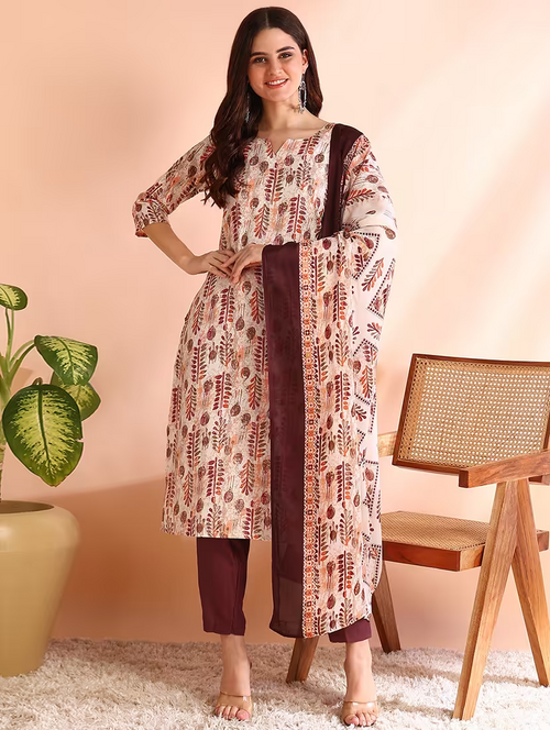 Women Printed Notch Neck Suit Set (Size-L) (Color-Brown)