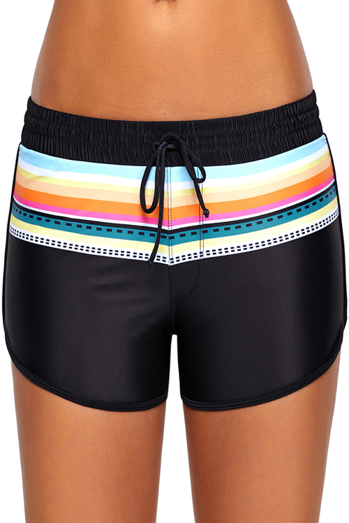 Striped Print Accent Black Drawstring Board Shorts