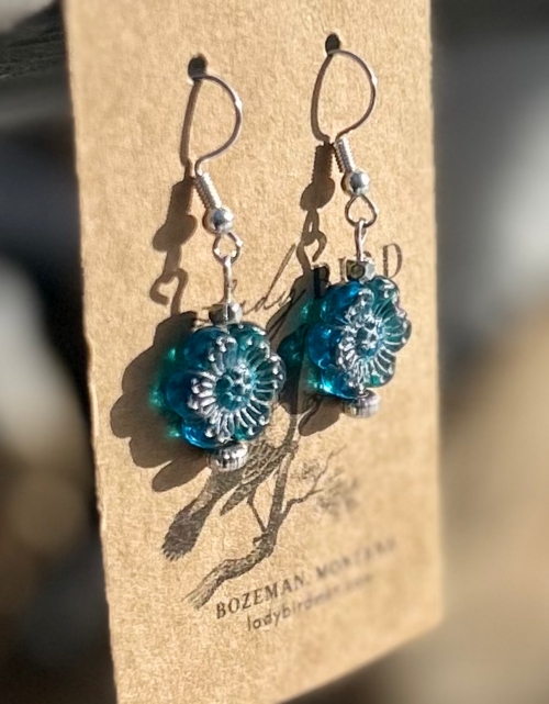 Translucent Capri Blue Silver Etched Wild Rose Flower Earrings