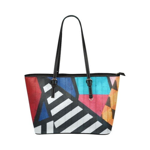 Large Leather Tote Shoulder Bag - Multicolor Geometric Illustration