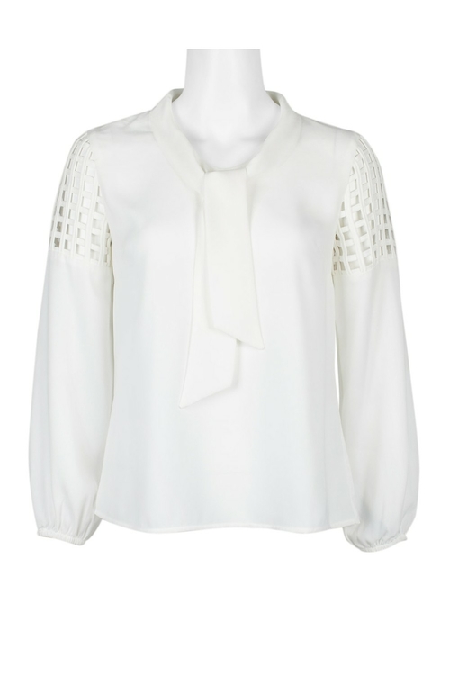Tahari ASL Tie Neck Long Sleeve Lasercut Shoulder Keyhole Back Crepe