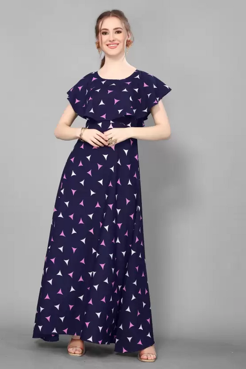 Women's Printed Crepe Stitched Anarkali Gown (NAVY Blue) (Size XL)