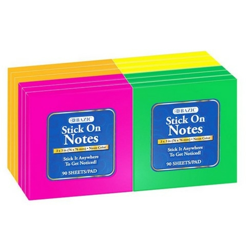 Bazic 5162 90 Ct. 3" X 3" Neon Stick On Notes (12/Shrink)