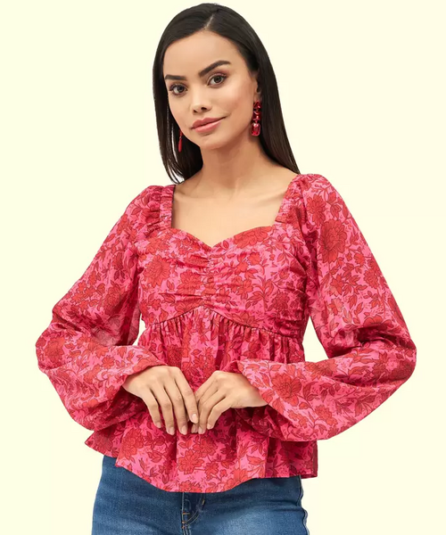 Casual Regular Sleeves Floral Print Women Pink Top (Size L)