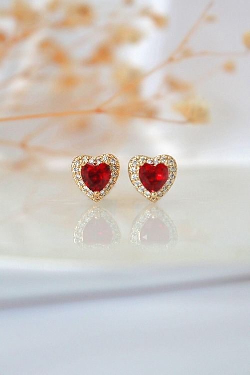 “Valentines Date” 18 Karats Red Cubic Zirconia Heart Stud Earrings
