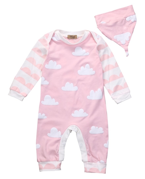 2 Pcs Newborn Babies Girls Clouds Rompers+Hat Sets