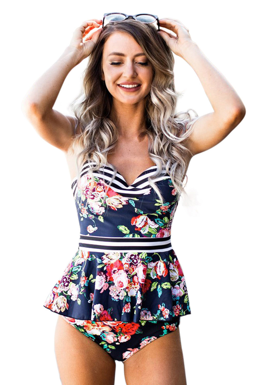 Blue Floral Print Peplum Swimsuit Rainbow Print Peplum Swimsuit