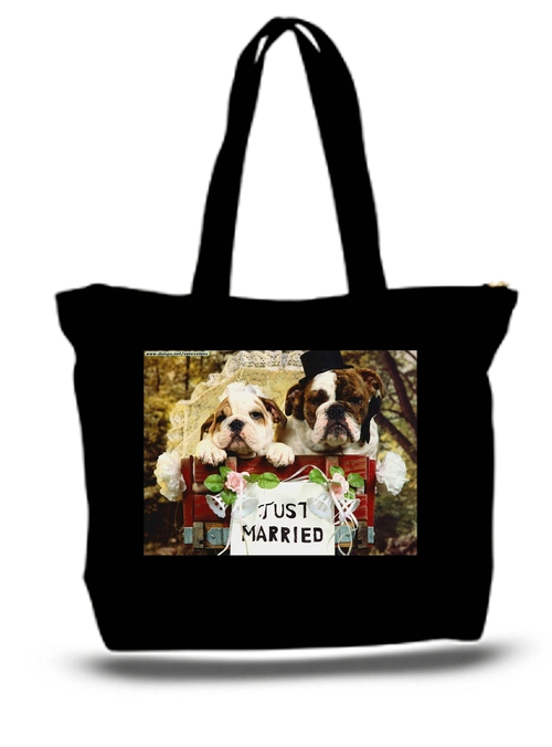 Cute Dogs Just Married Large Tote New Zipper Bag