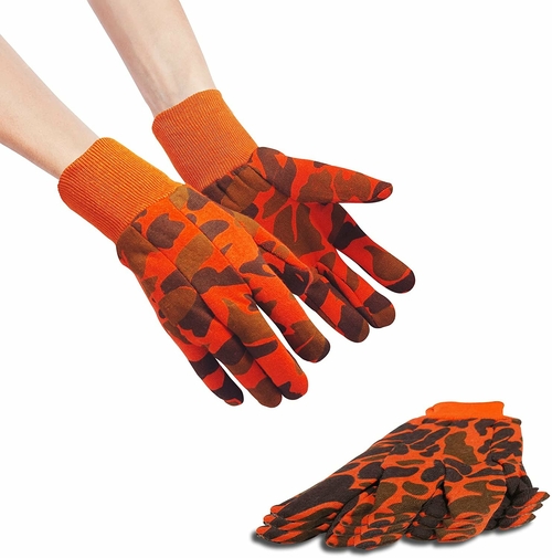 Pack of 600 Orange Camouflage Jersey Gloves One size. Reusable