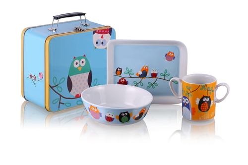 Children tableware Owls + suitcase