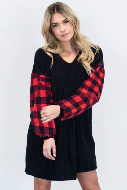 Black V Neck Plaid Sleeve Dress