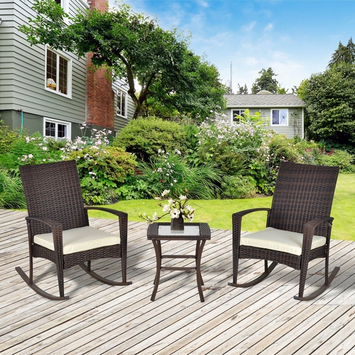 Outsunny 3 Pieces Rocking Chair Table Set Garden Wicker Furniture 2