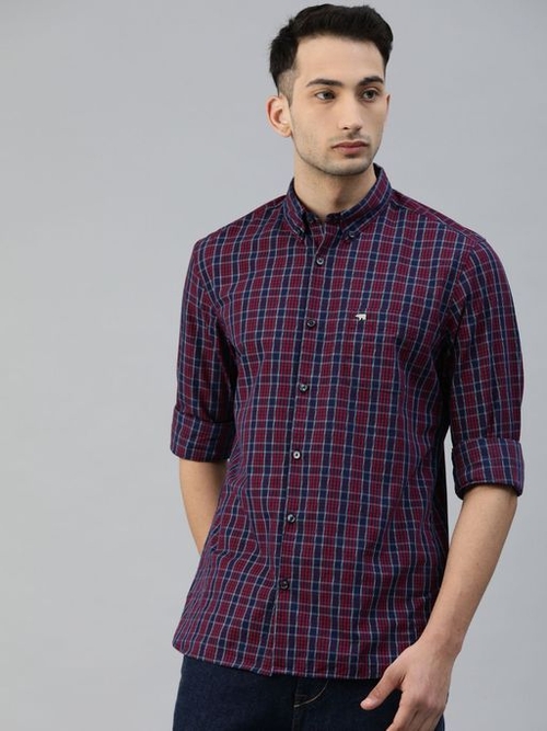 Men Slim Fit Checked Casual Shirt (Size-L)(Color-RED&NAVY BLUE)