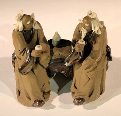 Ceramic FigurineTwo Mud Men Sitting On A Bench Drinking Tea - 2.5"