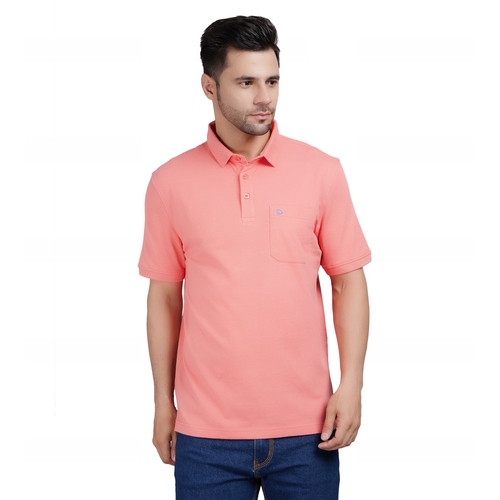 Men Solid Polo Neck Cotton Peach T-Shirt (Size L)