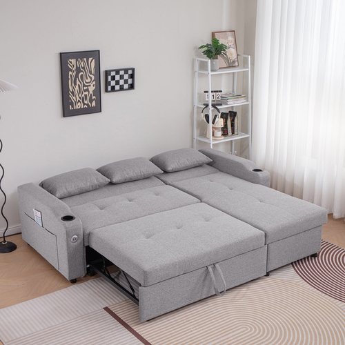 84"Adjustable Backrest Sofa Bed,3 in 1 Linen Sleeper with USB Ports &