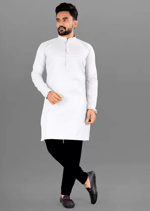 Men Solid Cotton Blend Straight Kurta  (White) (Size UK 34)