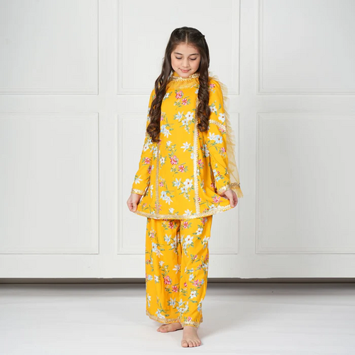 FLORAL PRINTED ETHINIC SET FOR GIRL  (SIZE-5-6yr) (COLOR-YELLOW)