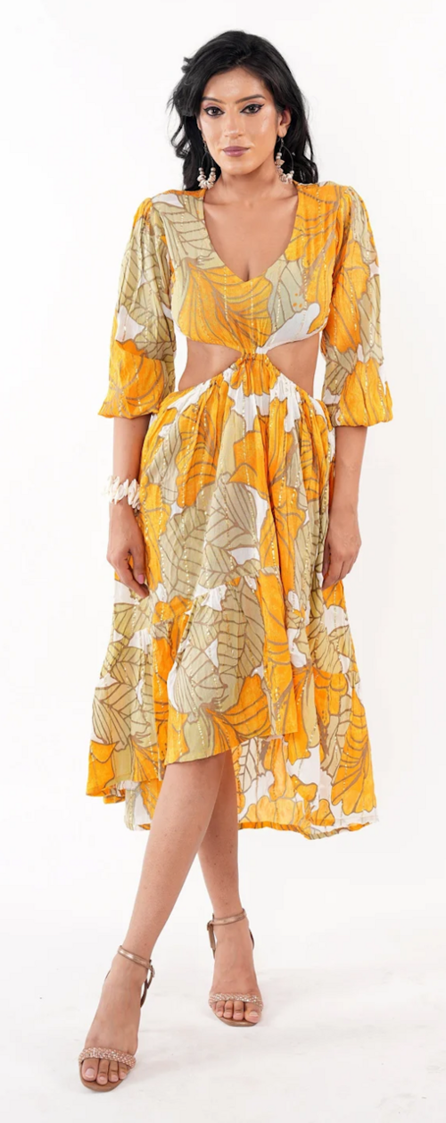 Women's Hawaii Elegant Floral Midi Dress (Color Yellow) (Size M)