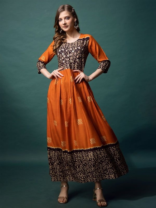 Printed Anarkali Kurta for Women (Size-42) (Color-ORANGE)