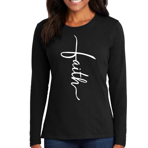 Womens Long Sleeve Graphic T-shirt - Faith Script Cross Illustration