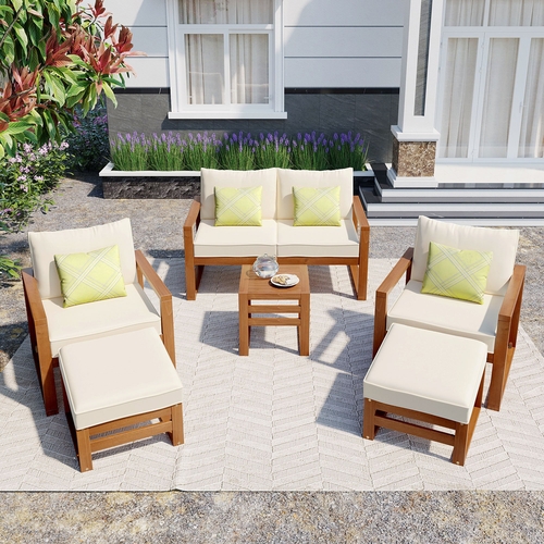 Outdoor Patio Wood 6-Piece Conversation Set, Sectional Garden Seating