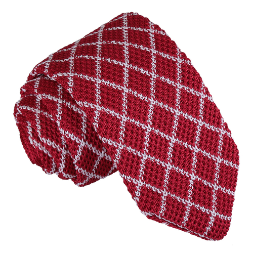 Diamond Grid Knitted Slim Tie - White & Red