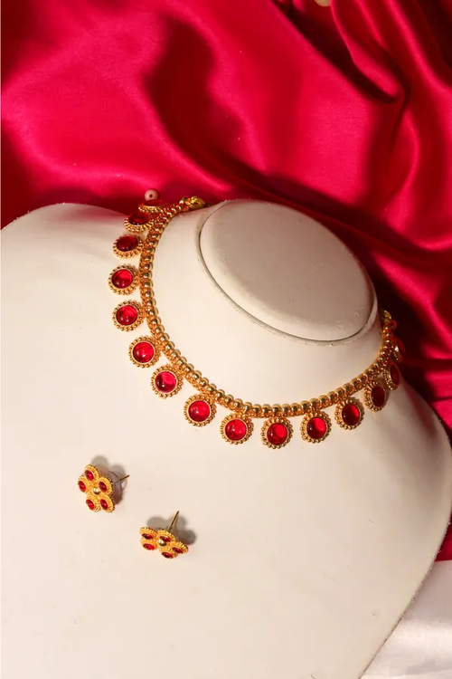Red Premium Stylish Gold Plated Jewellery Set With Earring 