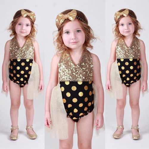 Newborn girls Sequins Polka dots Halter Bodysuits